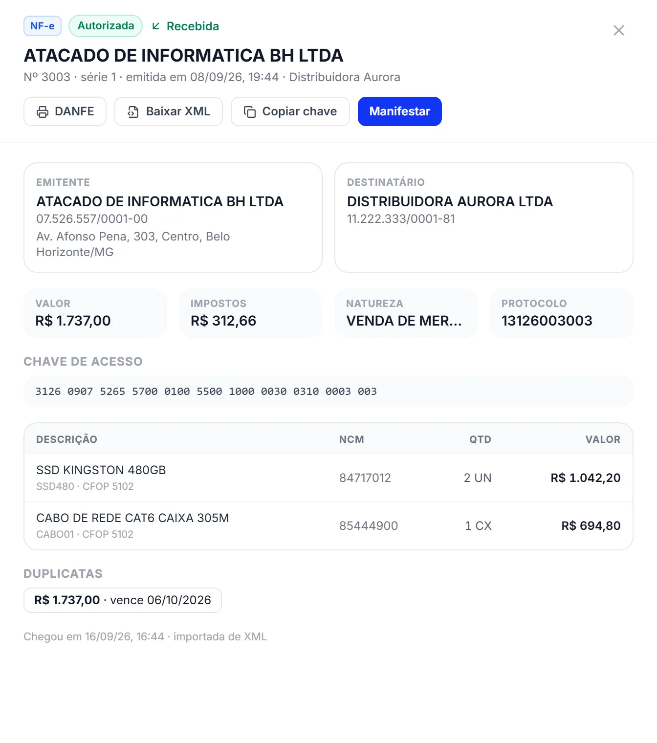 Detalhe de uma NF-e no Okto Radar com emitente, destinatário, itens com NCM e CFOP, duplicatas e botões de DANFE, XML e manifestação